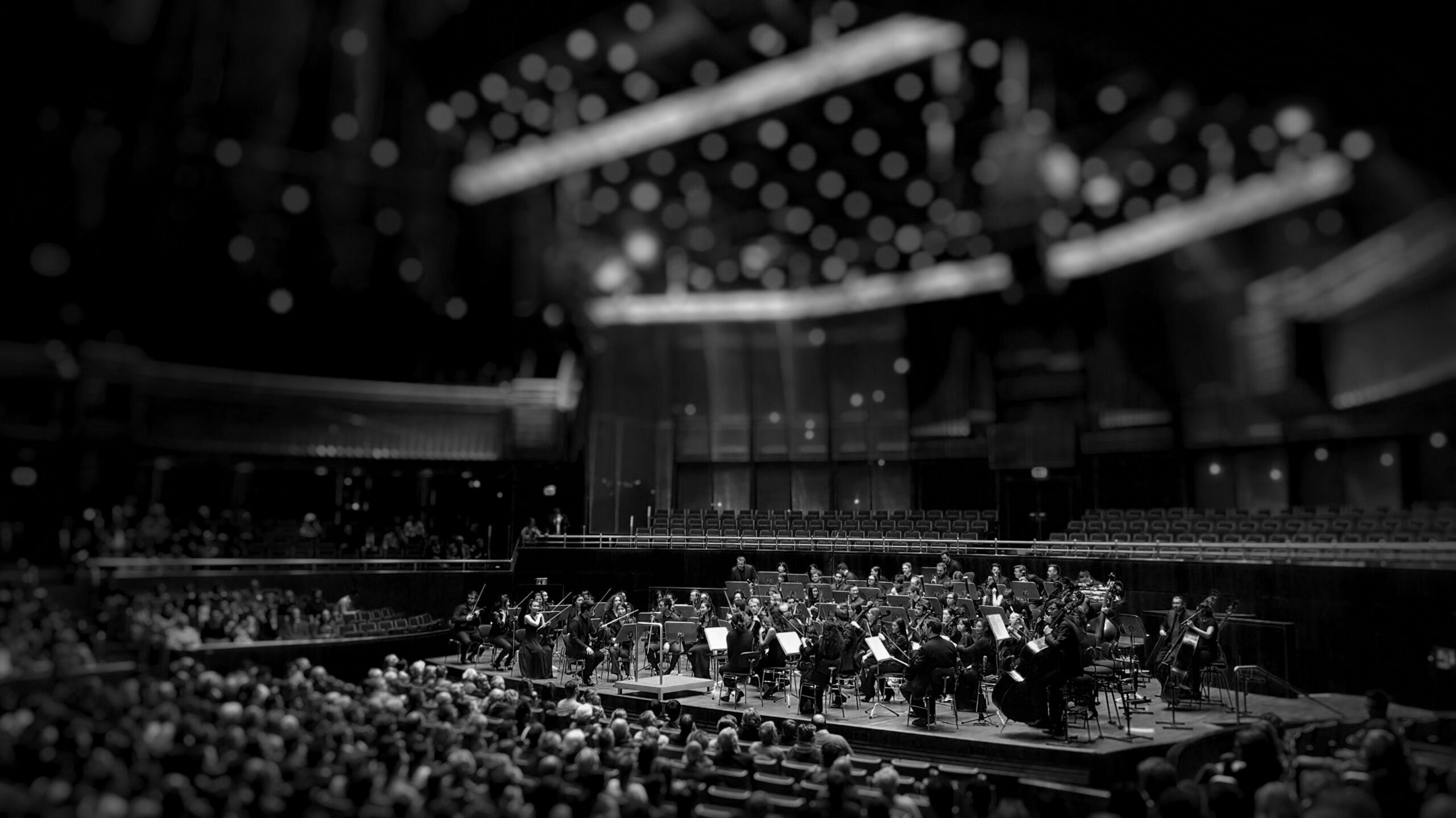 Vue en plongée d'un orchestre symphonique sur scène dans une grande salle de concert, en noir et blanc