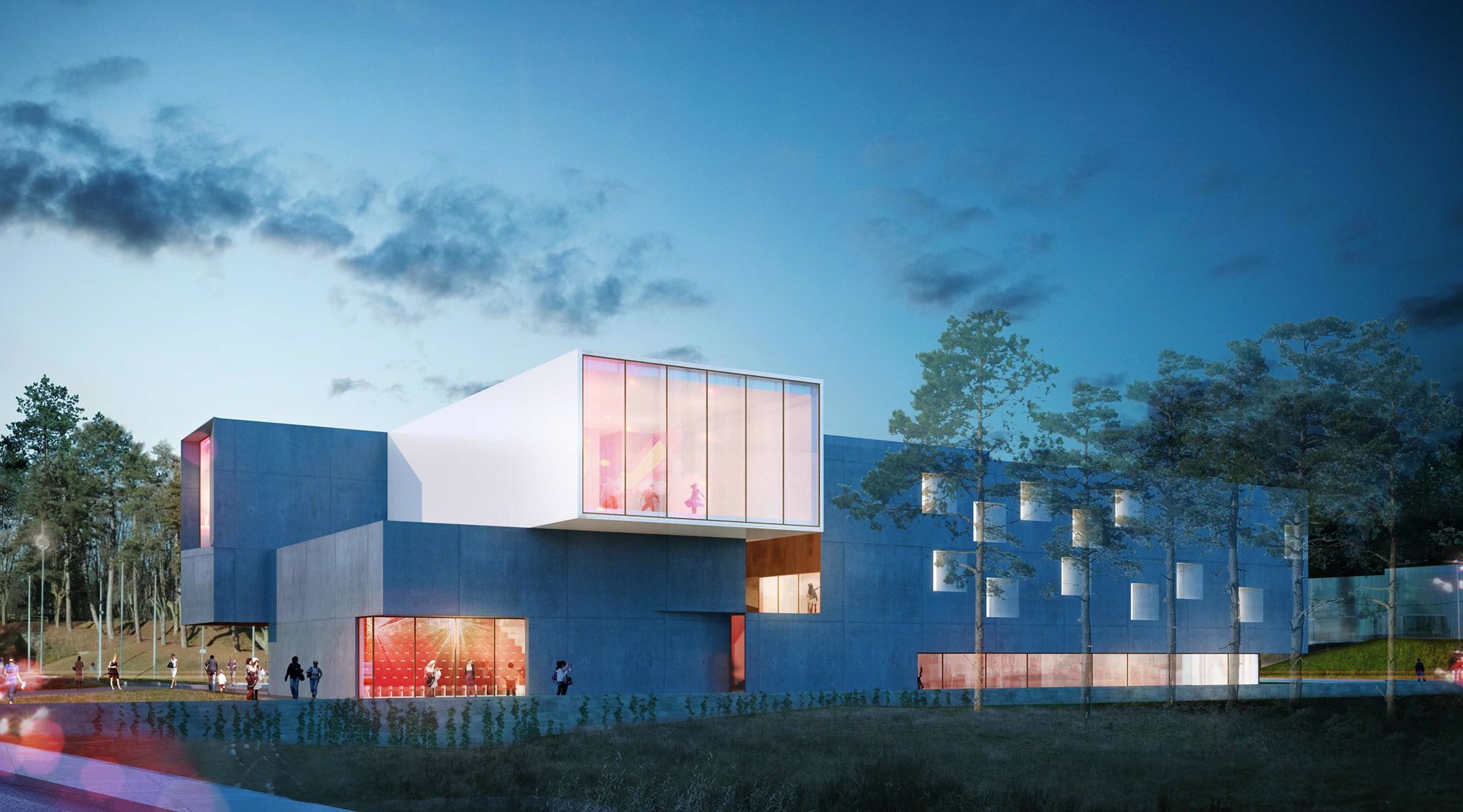 Vue nocturne du bâtiment du Conservatoire Henri Dutilleux, rendu architectural